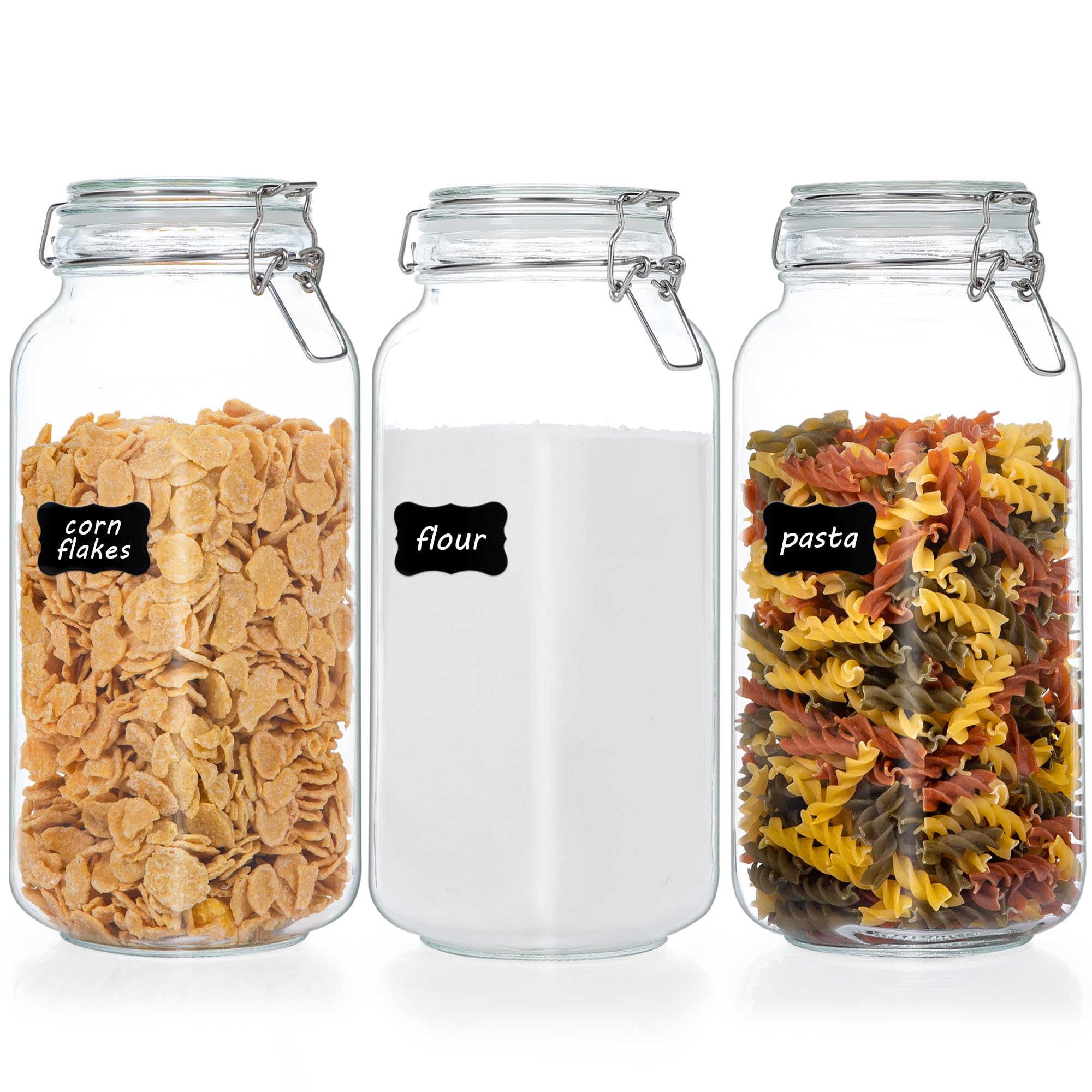Vtopmart 78oz Glass Food Storage Jars with Airtight Clamp Lids – 3-Pack Large Kitchen Canisters with Reusable Labels