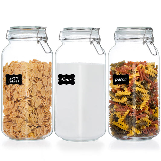 Vtopmart 78oz Glass Food Storage Jars with Airtight Clamp Lids – 3-Pack Large Kitchen Canisters with Reusable Labels