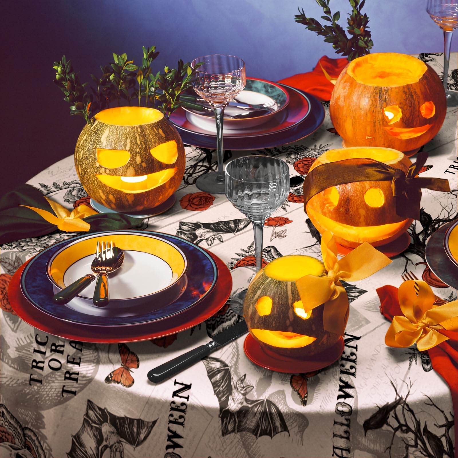 Halloween Gothic Tablecloth – Vintage Skull, Bat, Pumpkin & Rose Polyester Cover (60" x 104")