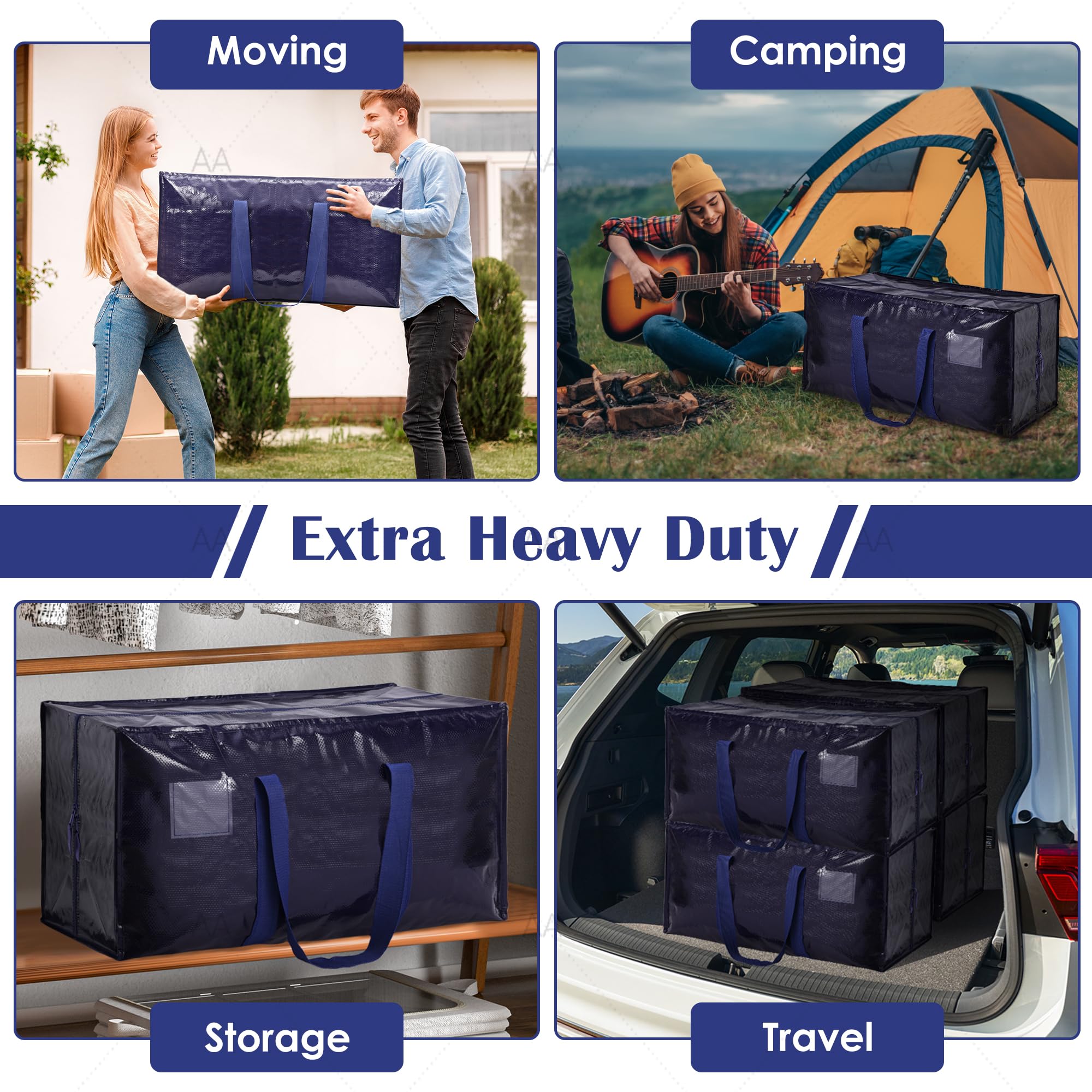 Extra Large Heavy Duty Moving Bags – Reinforced Zipper Storage & Packing Bags (Dark Blue, 6-Pack)
