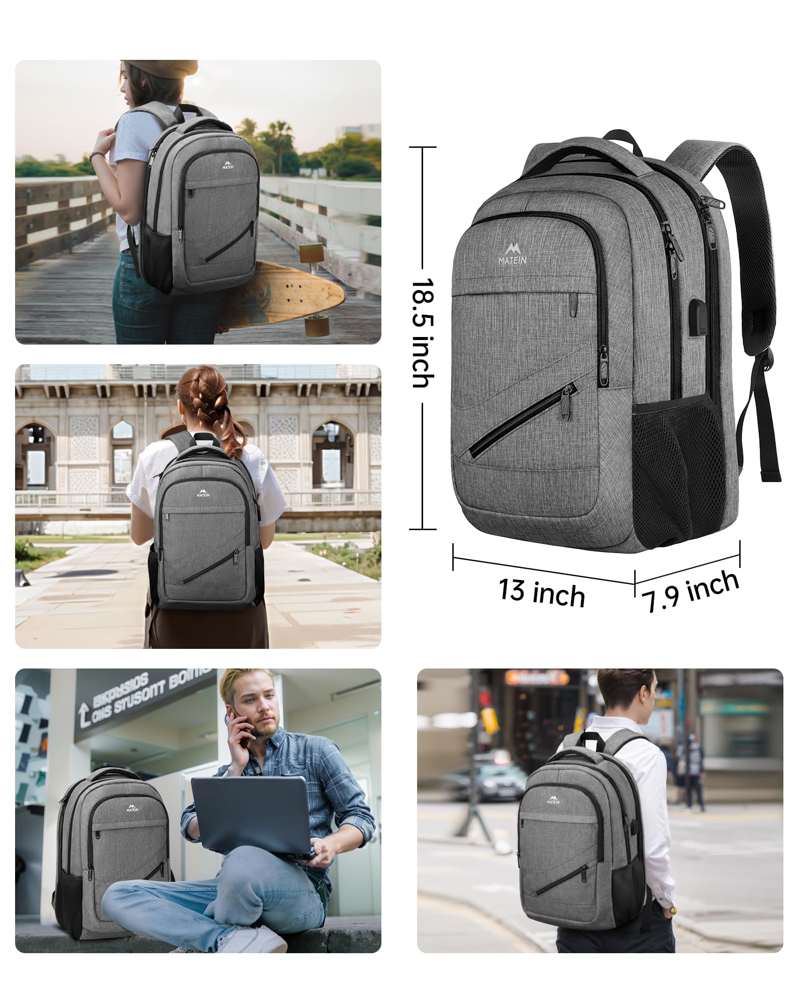 Matein 17″ TSA-Approved Travel Laptop Backpack – Large Carry-On with USB Charging & Trolley Sleeve (Grey)