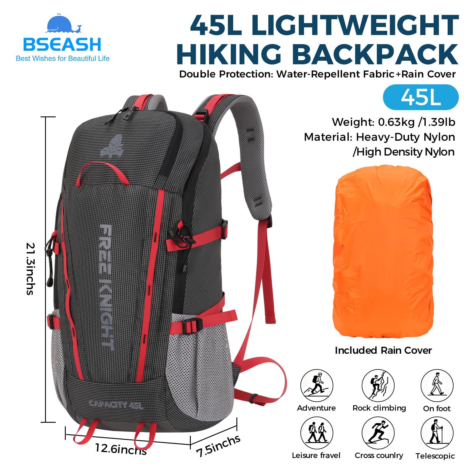 BSEASH 45L Waterproof Hiking Backpack – Lightweight Outdoor Travel Daypack with Rain Cover for Camping & Trekking (Black)