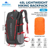 BSEASH 45L Waterproof Hiking Backpack – Lightweight Outdoor Travel Daypack with Rain Cover for Camping & Trekking (Black)
