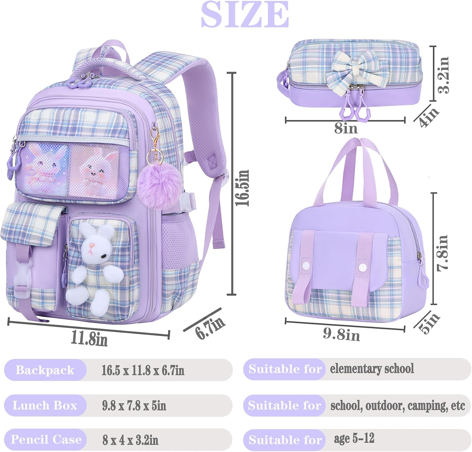 3-Piece Girls School Backpack Set with Lunch Bag