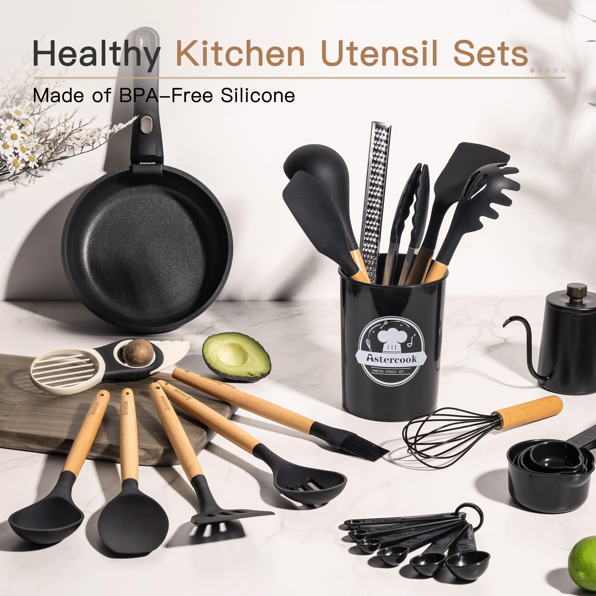 39-Piece Silicone Kitchen Utensil Set with Wooden Handles – Heat Resistant & Non-Stick Safe (Black)