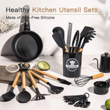 39-Piece Silicone Kitchen Utensil Set with Wooden Handles – Heat Resistant & Non-Stick Safe (Black)