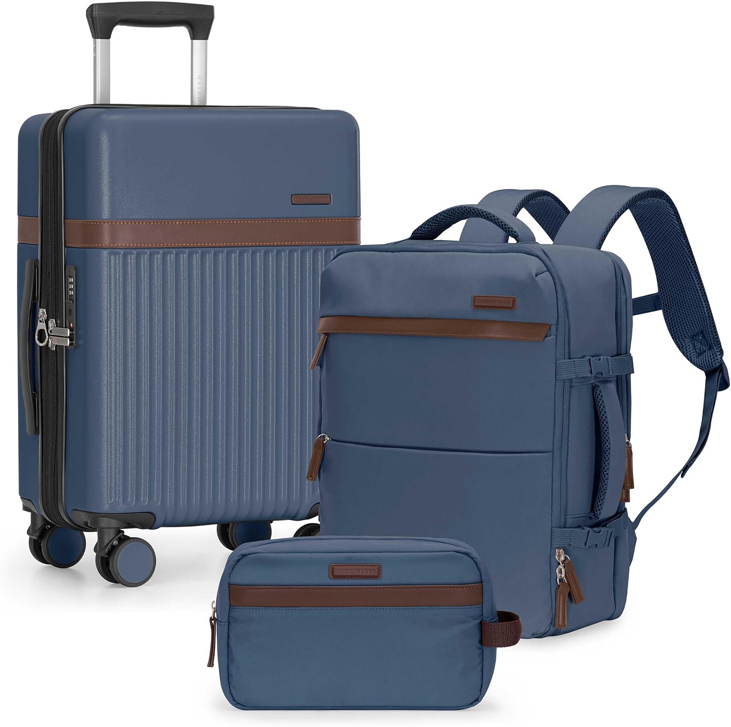 Green 3-Piece Carry-On Luggage Set with Backpack & Toiletry Bag