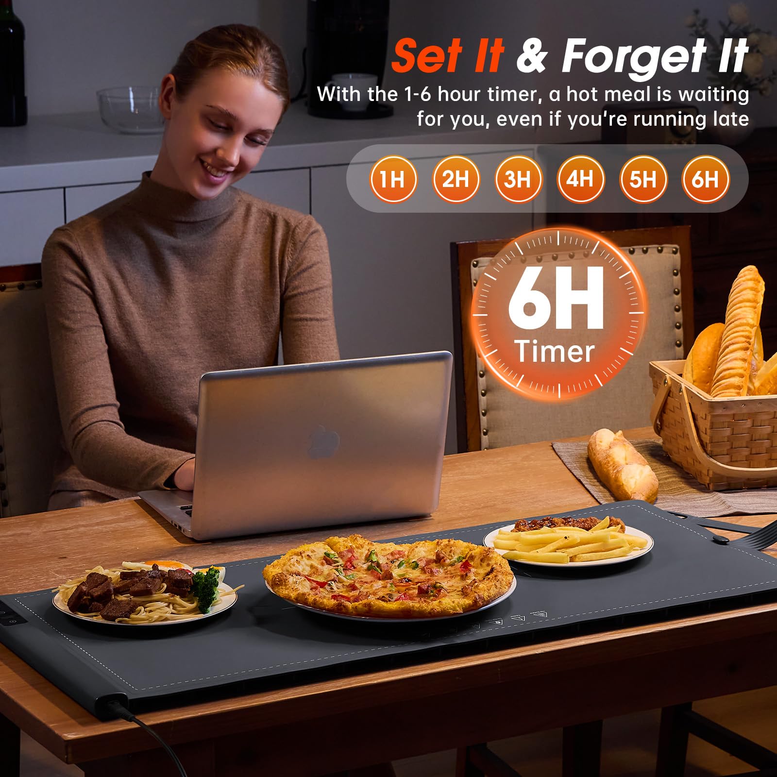 Extra-Large Electric Food Warming Mat with Timer – 9 Heat Levels, Child Lock & Even Heating