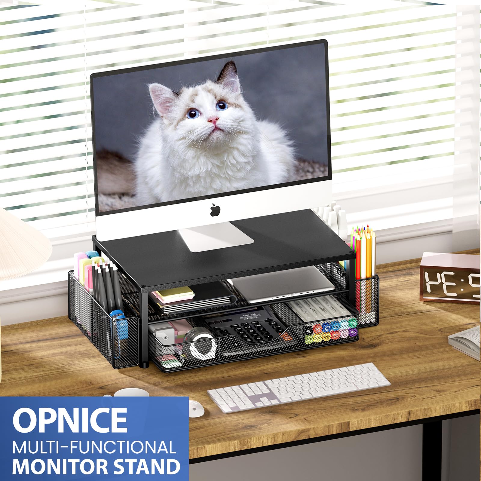 OPNICE 2-Tier Monitor Stand with Drawer & Pen Holders – Ergonomic Desk Organizer for Office & Home