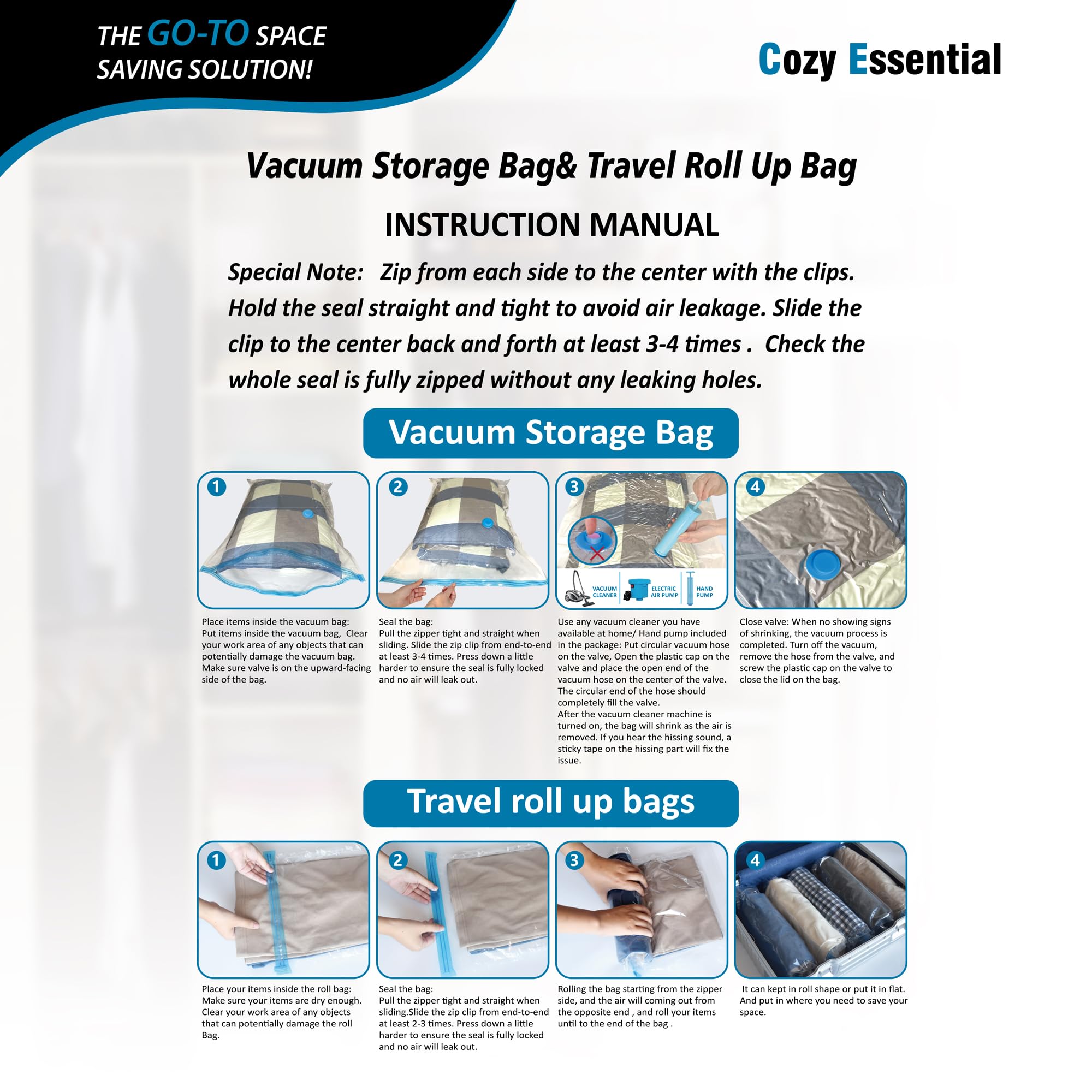 COZY ESSENTIAL Vacuum Storage Bags Set (20-Pack) – Space Saver Compression Bags for Clothes, Bedding & Travel (Transparent)