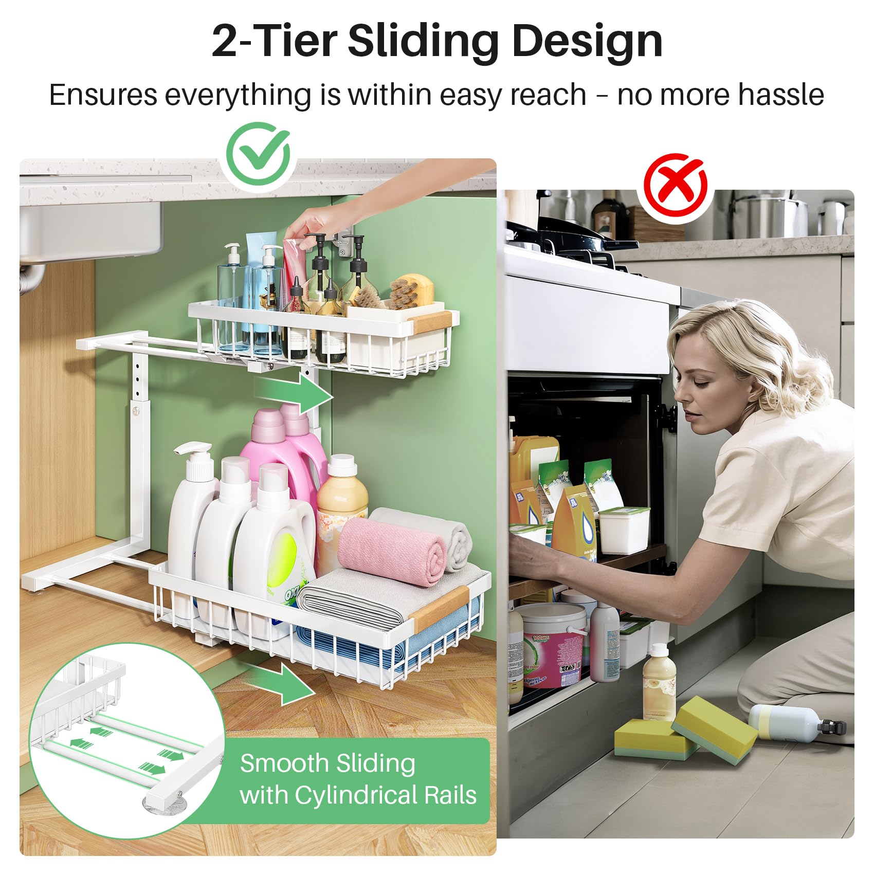 Kitstorack 2-Pack Under-Sink Pull-Out Organizer – Adjustable Height 2-Tier Sliding Cabinet Storage