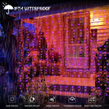 Purple & Orange Halloween Curtain Lights – 300 LED Battery-Operated String Lights with Remote Control (9.8ft x 9.8ft, Indoor/Outdoor)