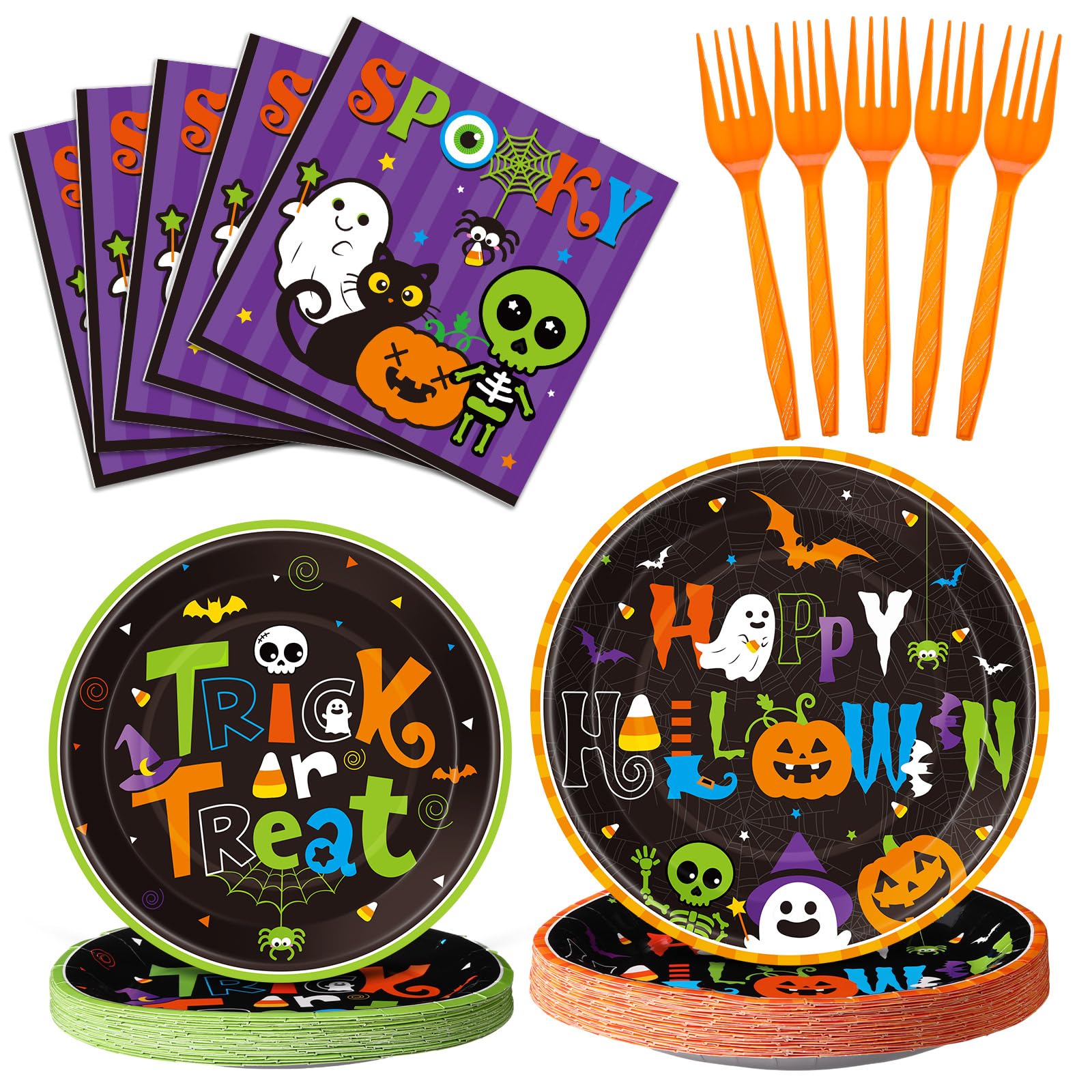 Halloween Party Plates & Tableware Set – 100 Pcs for 25 Guests, Includes Plates, Forks & Napkins – Classic Halloween Colors & Designs