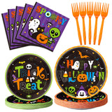Halloween Party Plates & Tableware Set – 100 Pcs for 25 Guests, Includes Plates, Forks & Napkins – Classic Halloween Colors & Designs