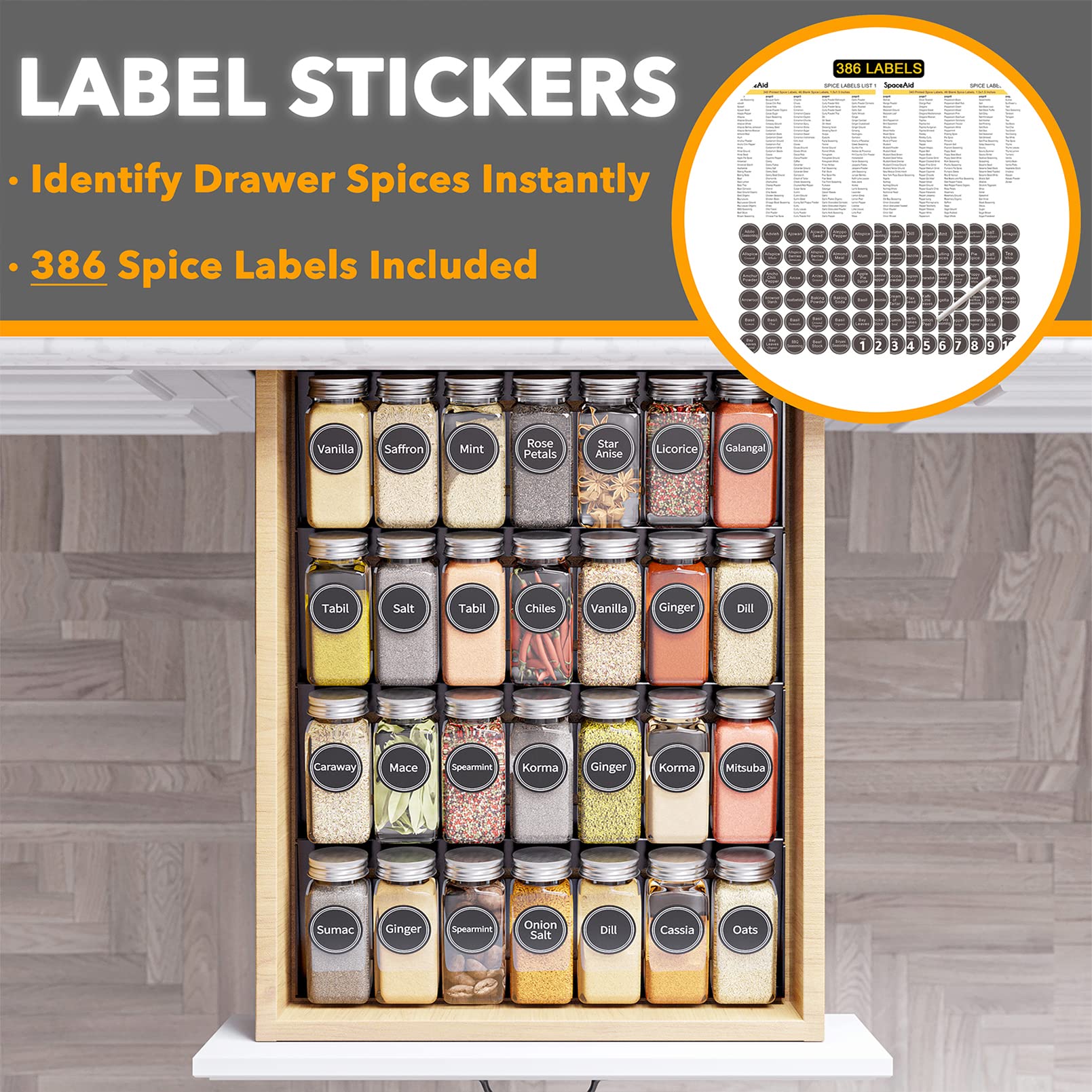 4-Tier Drawer Spice Organizer Set with 28 Glass Jars & 386 Labels – Metal In-Drawer Spice Rack System
