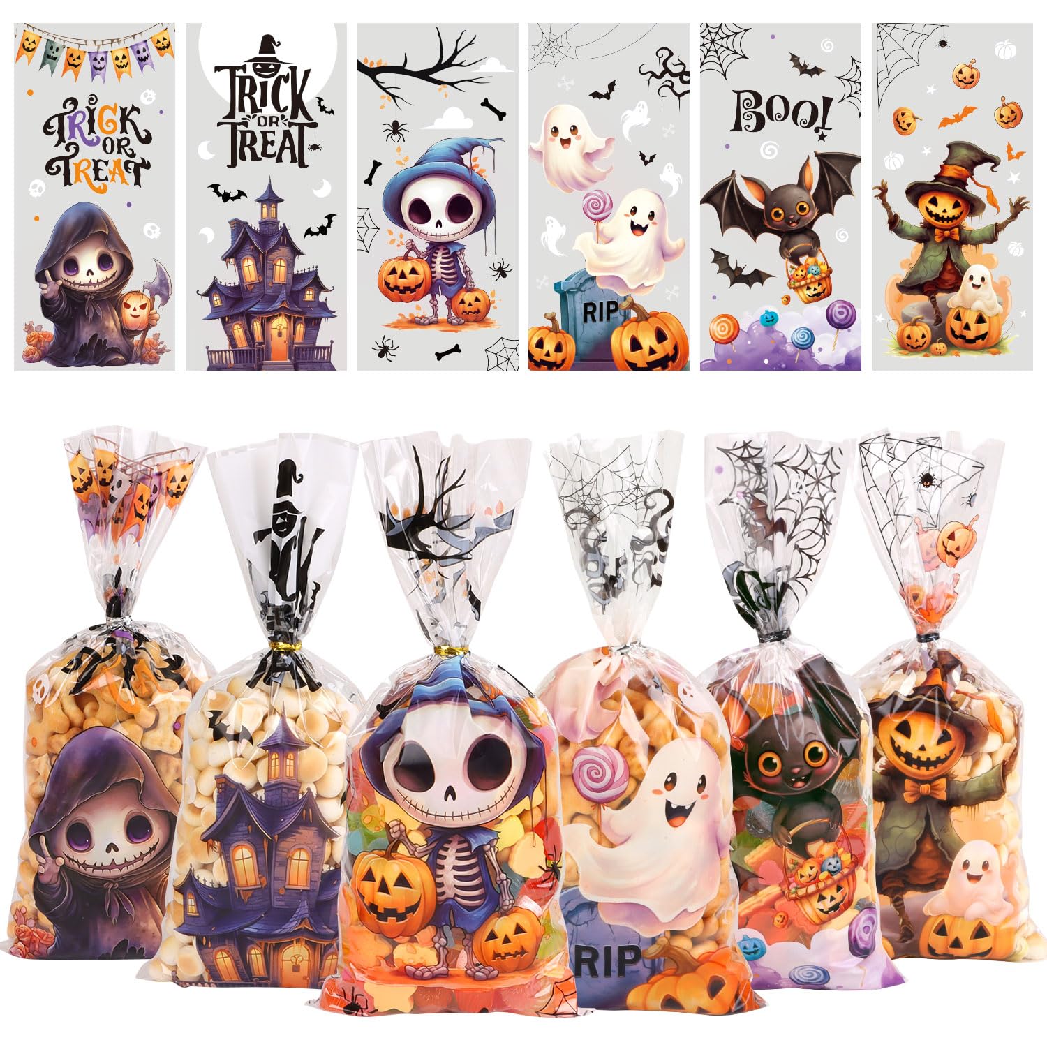 CCINEE 180pcs Halloween Cellophane Treat Bags, Plastic Clear Cookie Candy Bags Bulk with 210pcs Twist Ties Pumpkin Ghost Snack Bag for Halloween Trick Or Treat Party Favors