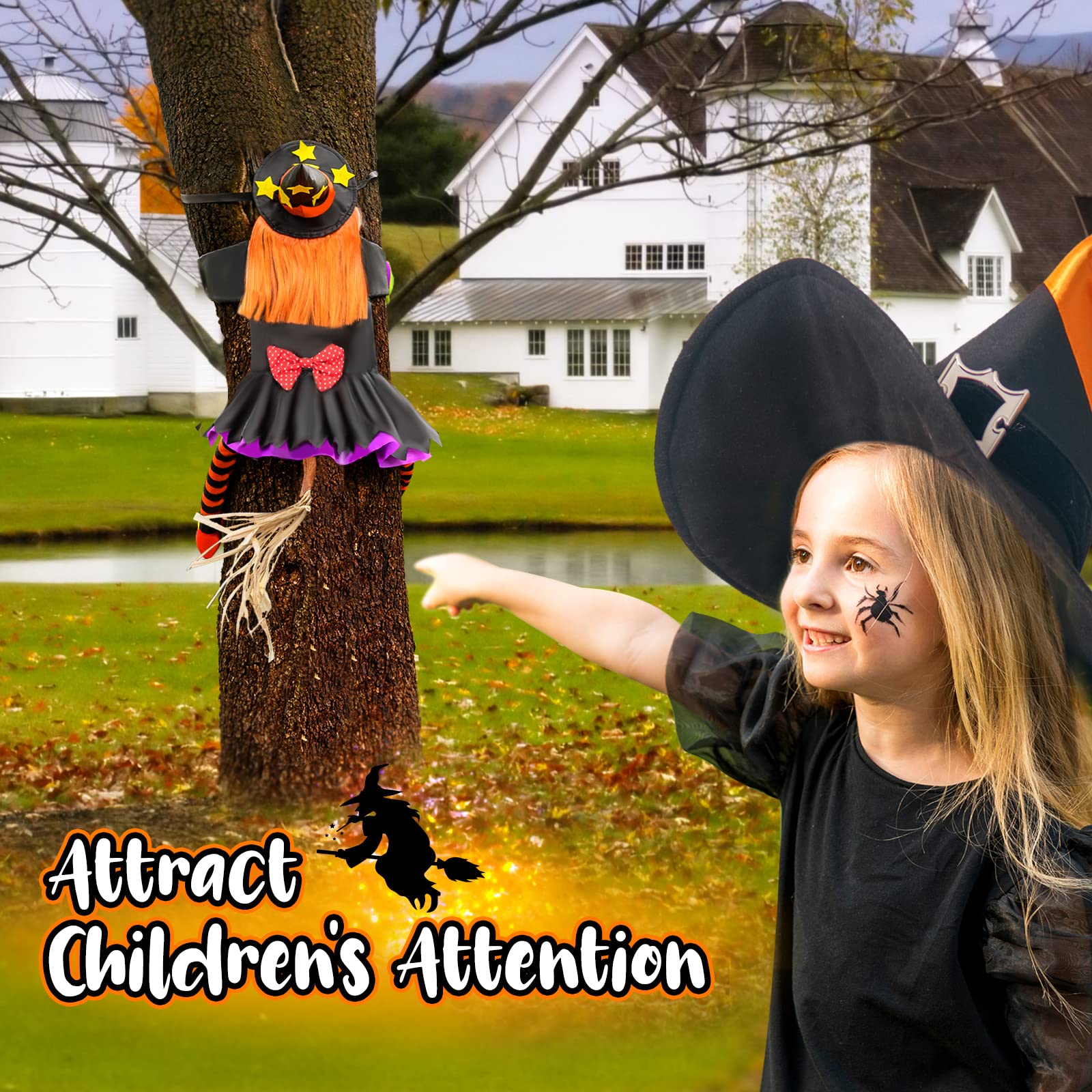 Crashing Witch Halloween Decoration – Life-Size Funny Yard Prop with Starry Hat, Striped Stockings & Pumpkin Hair (Orange)