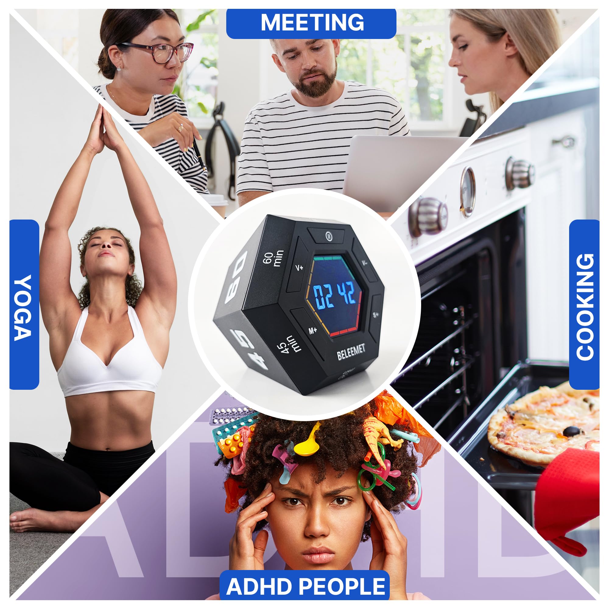 BELEEMET Magnetic Hexagon Pomodoro Timer with Gravity Flip, Custom Intervals & Adjustable Sound – Black