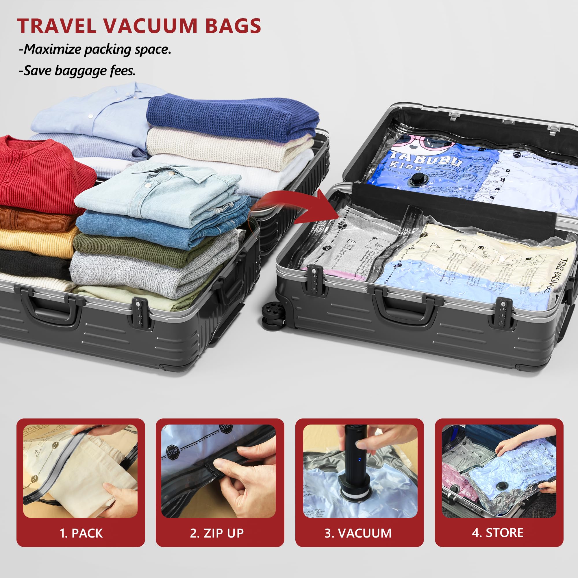 Travel Vacuum Storage Bags Set with Wireless Electric Pump – Space Saving Compression Bags for Suitcase & Luggage