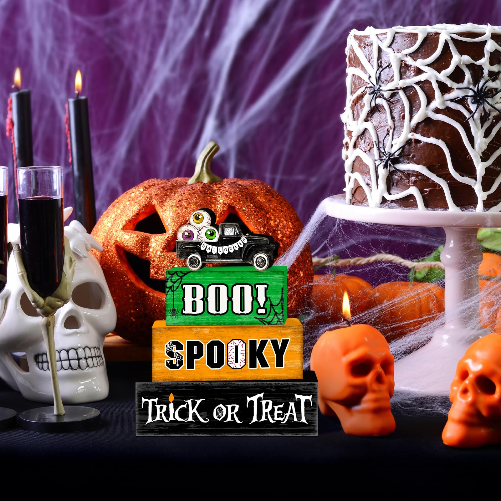Eyeball Truck Halloween Wooden Tiered Tray Decor Set – Rustic “BOO” & “Trick or Treat” Blocks for Spooky Displays