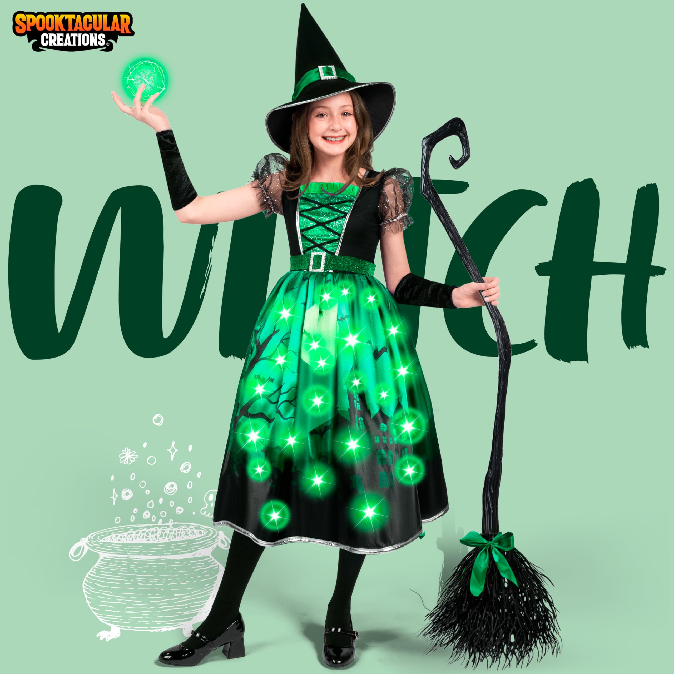 Green Light-Up Witch Costume for Girls – LED Halloween Dress Set with Hat, Broom & Accessories