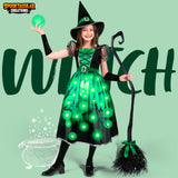 Green Light-Up Witch Costume for Girls – LED Halloween Dress Set with Hat, Broom & Accessories