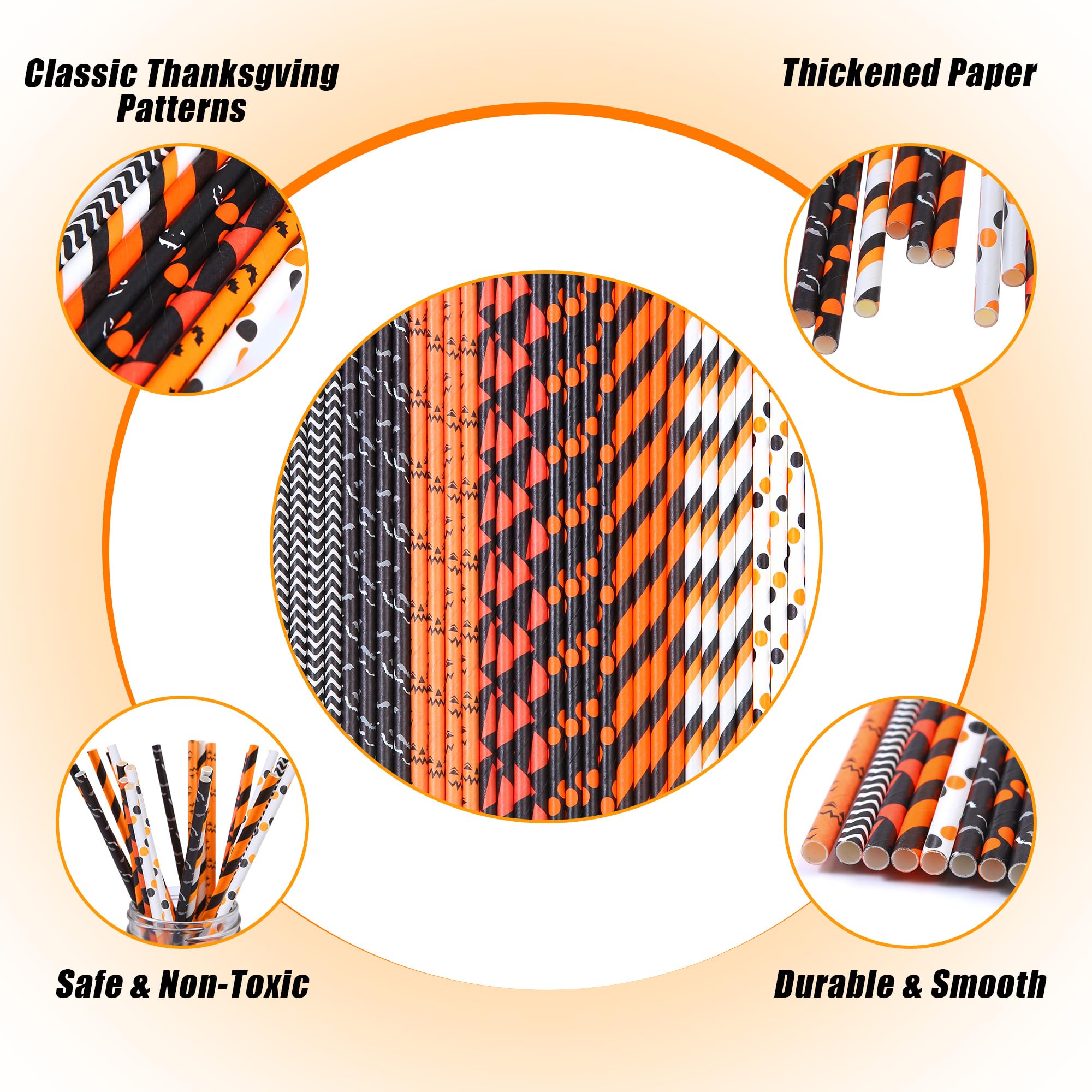Halloween Paper Straws – 200-Pack Black, Orange & White Biodegradable Party Straws (8 Styles, Food-Grade Paper)