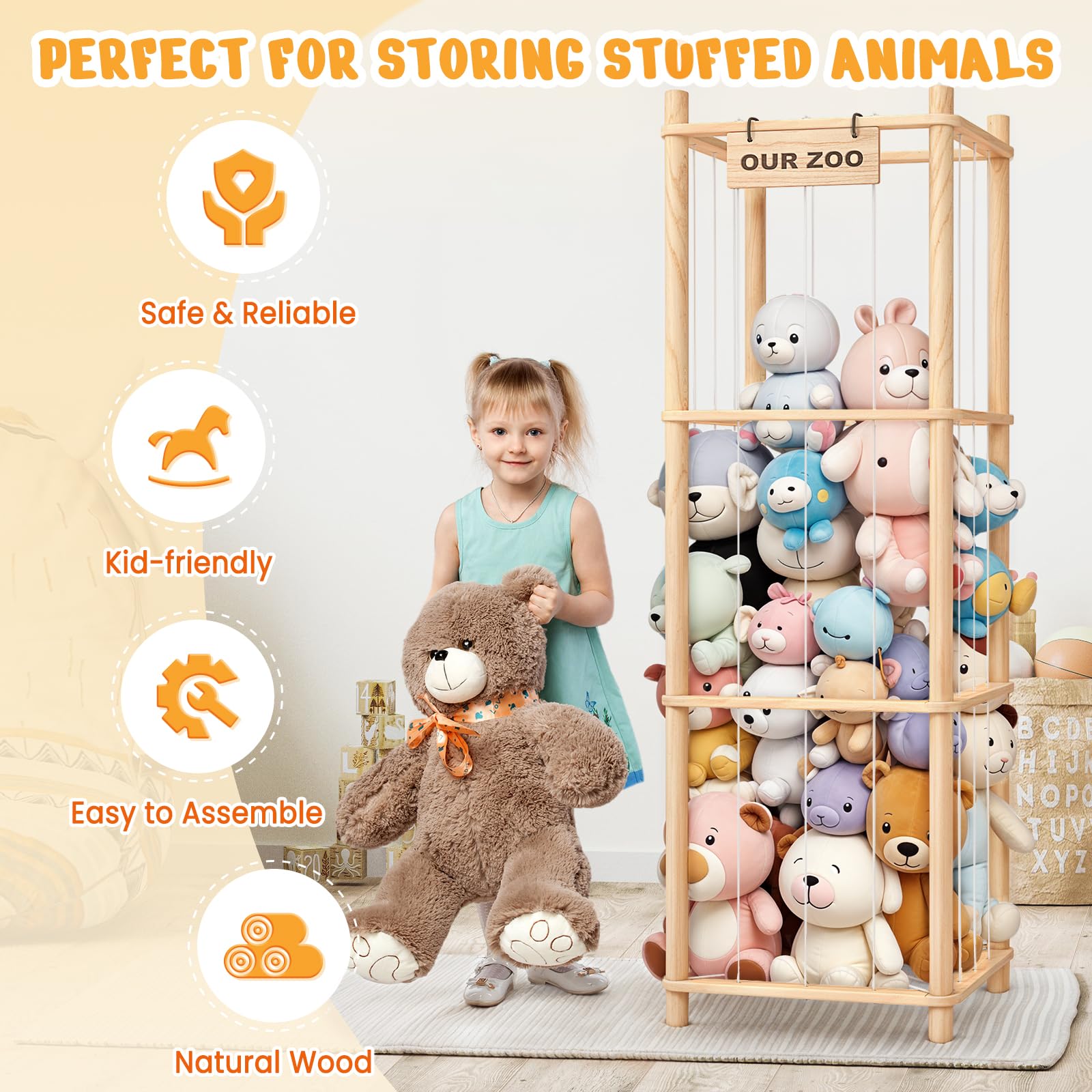 Wooden Stuffed Animal Organizer Tower – Large Capacity Toy Storage Zoo (Natural)