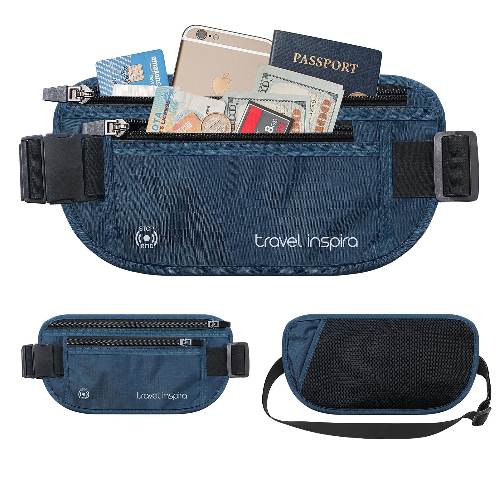 Travel Inspira RFID Anti-Theft Money Belt – Ultra-Slim Hidden Passport & Cash Wallet (Navy Blue)