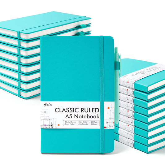 Feela 18 Pack Classic Ruled Notebooks with 18 Black Retractable Pens – Emerald Faux Leather Journals (8.3” x 5.1”)