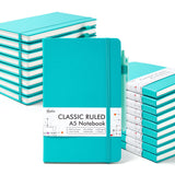 Feela 18 Pack Classic Ruled Notebooks with 18 Black Retractable Pens – Emerald Faux Leather Journals (8.3” x 5.1”)