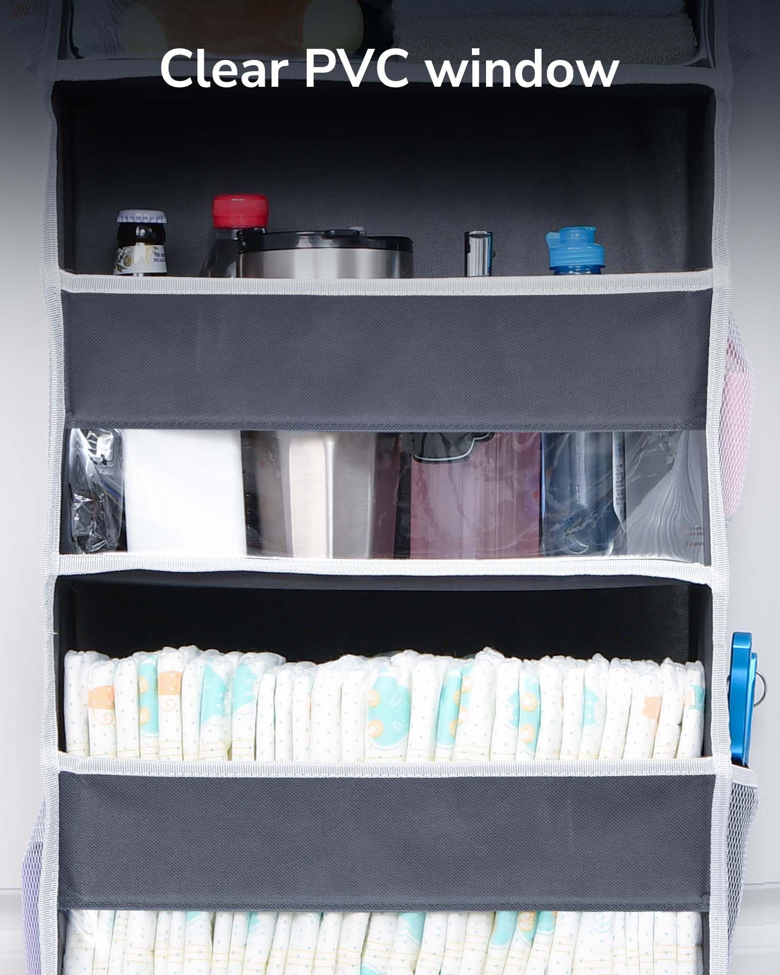 Over the Door Hanging Organizer with Clear Windows – 5 Large Pockets & Mesh Side Storage for Bedroom, Bathroom & Nursery
