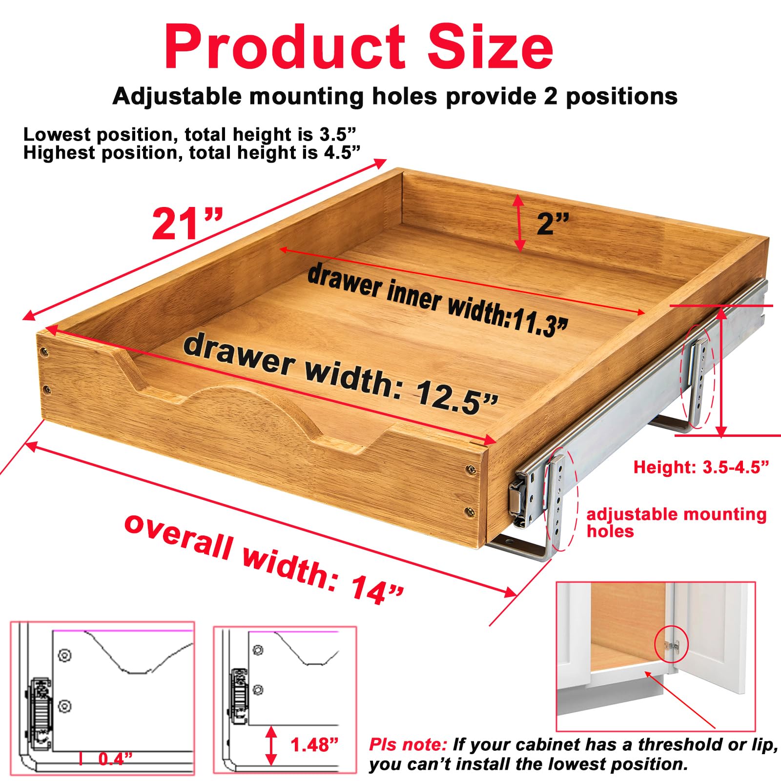 DINDON Oak Wood Single-Tier Pull-Out Cabinet Shelf – Wide Slide-Out Drawer for Under-Cabinet Storage (1 Tier)
