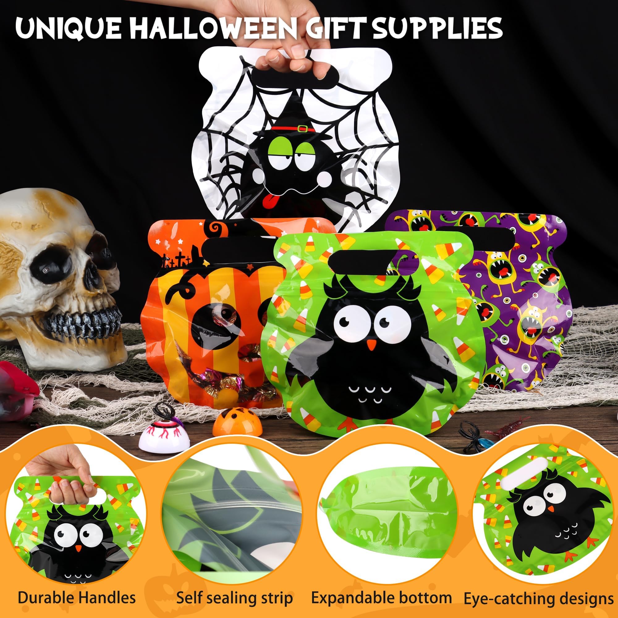 56 PCS Halloween Goodie Bags – Reusable Zip Treat Bags with Handles, 8 Cute Designs for Candy, Snacks & Party Favors