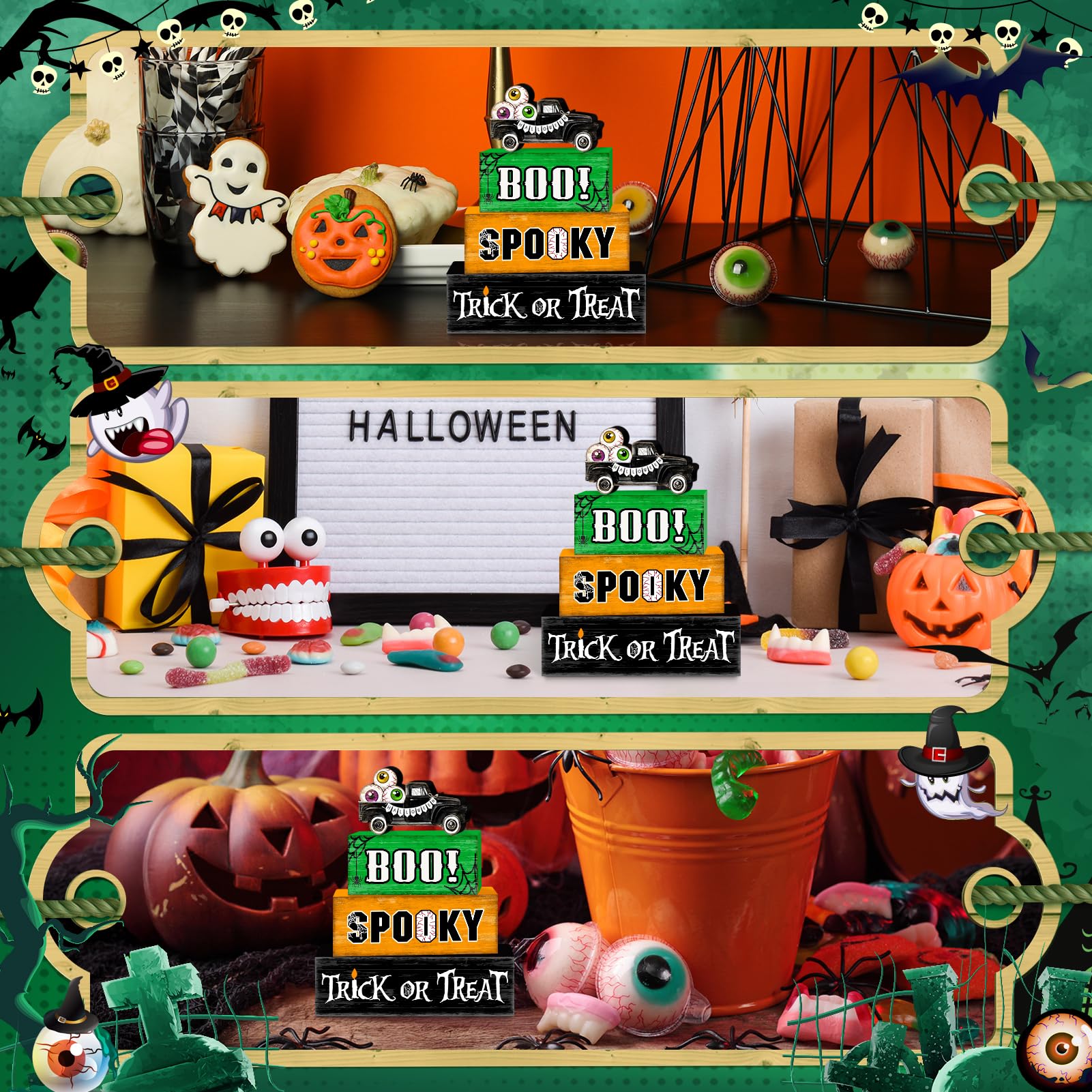Eyeball Truck Halloween Wooden Tiered Tray Decor Set – Rustic “BOO” & “Trick or Treat” Blocks for Spooky Displays