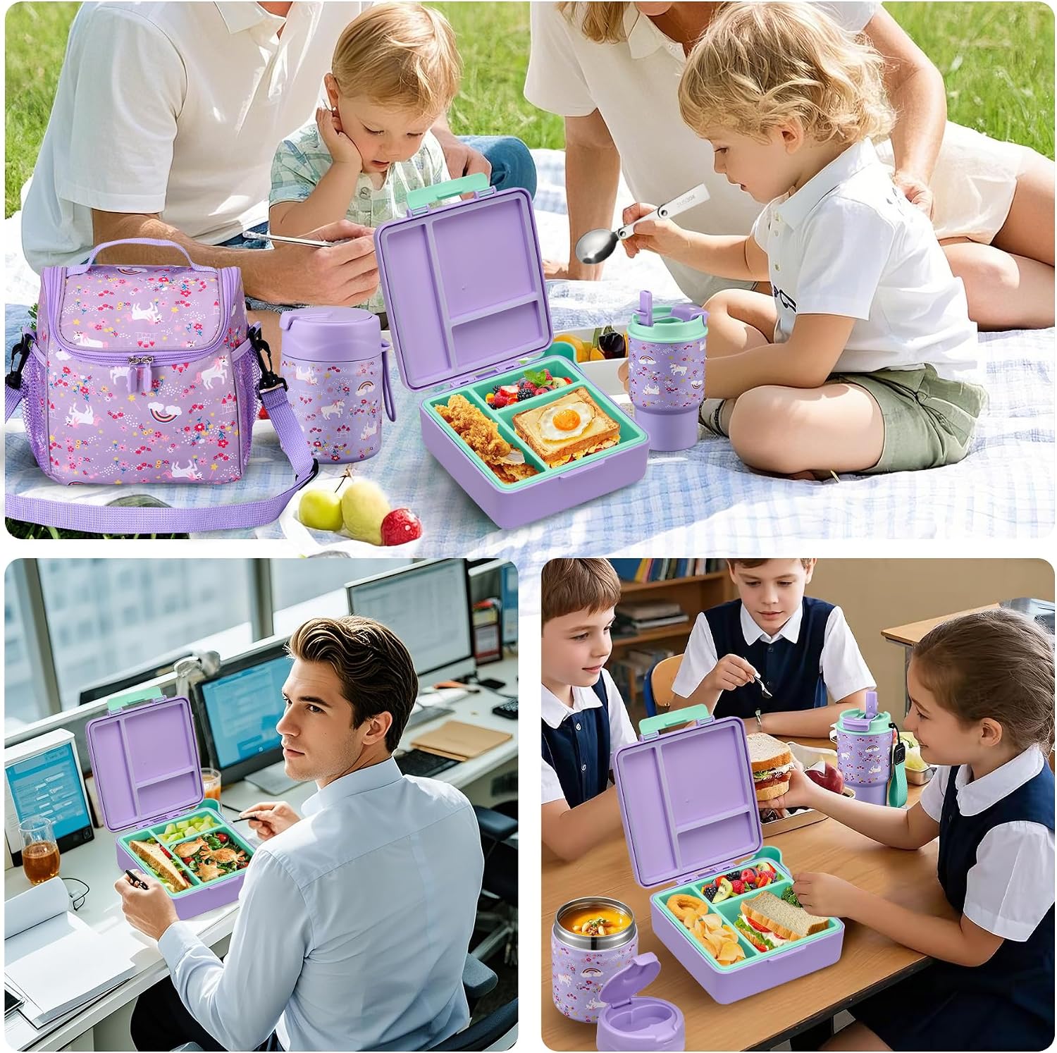 Kids Bento Lunch Box Set with 3 Compartments, 17 oz Food Jar, Insulated Bottle, Lunch Bag and Ice Pack