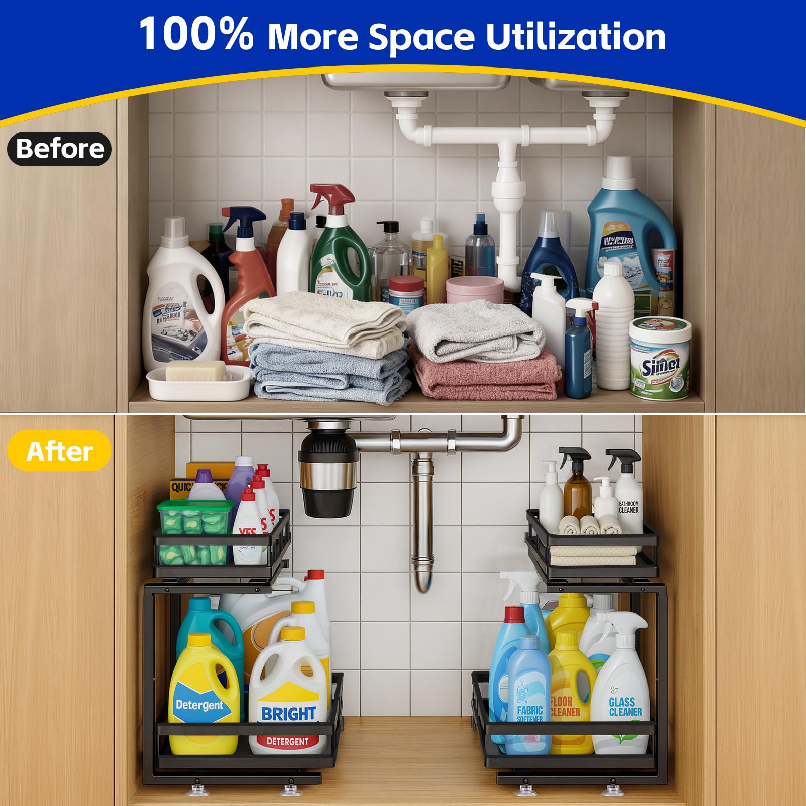 Heavy-Duty Under Sink Organizer with Dual-Rail Ball Bearings – 2-Tier Adjustable Pull-Out Storage, No-Drill Installation (Matte Black, 2-Pack)