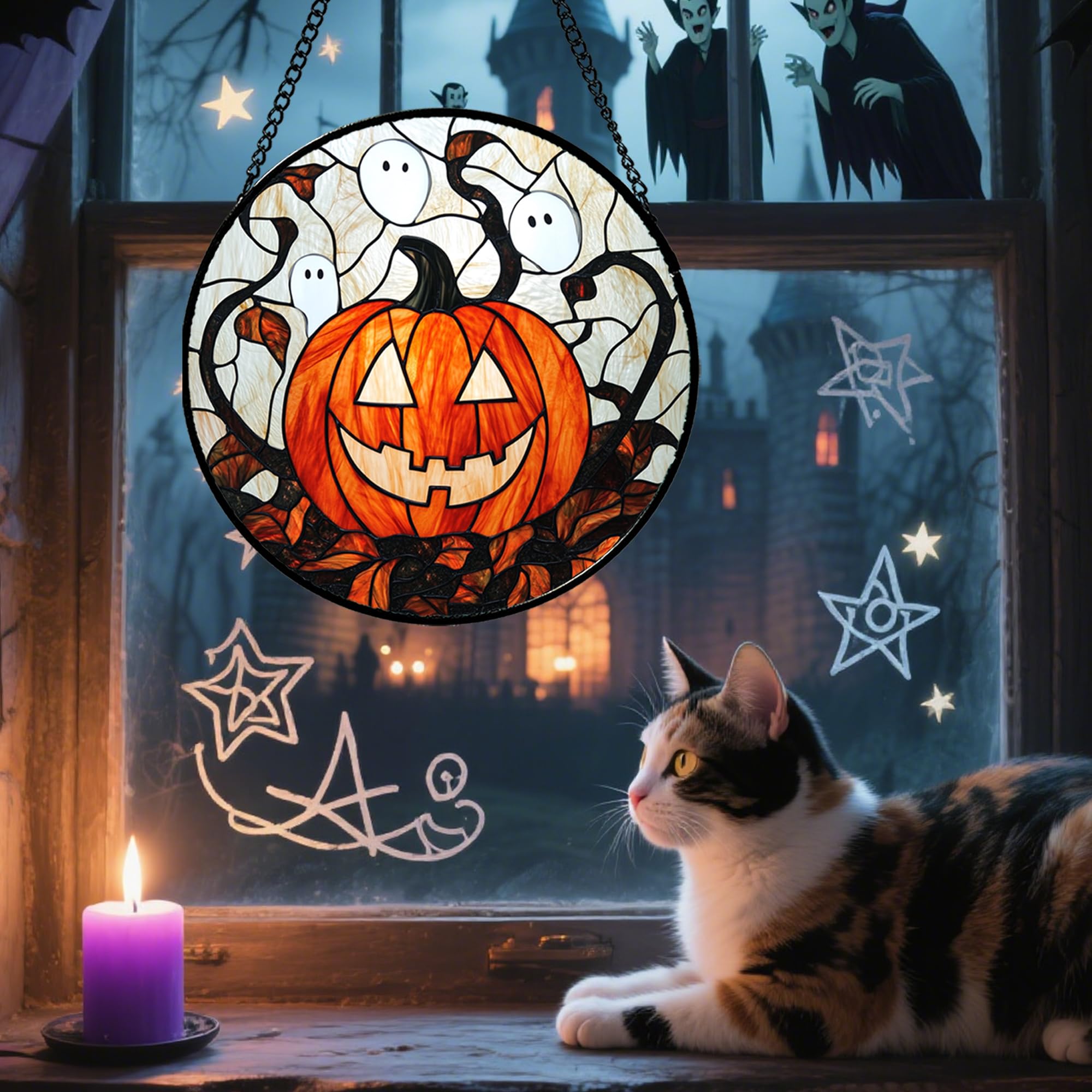 Halloween Stained Glass Suncatcher – Orange Ghost, Pumpkin & Bat Window Hanging Decoration with Chain
