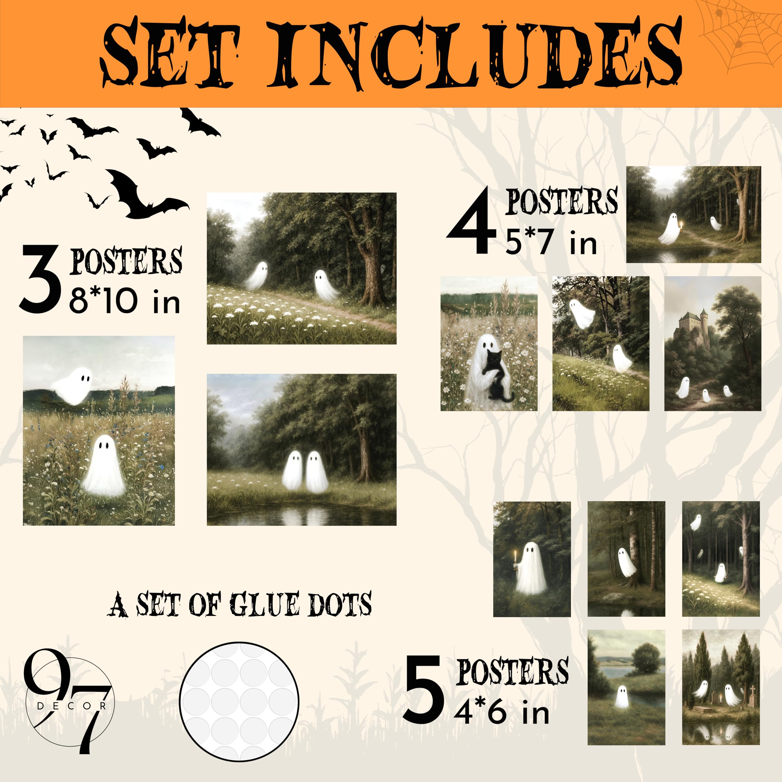 Vintage Ghost Wall Art Set – 12PCS Cute & Spooky Halloween Prints for Aesthetic Home Décor (Unframed)