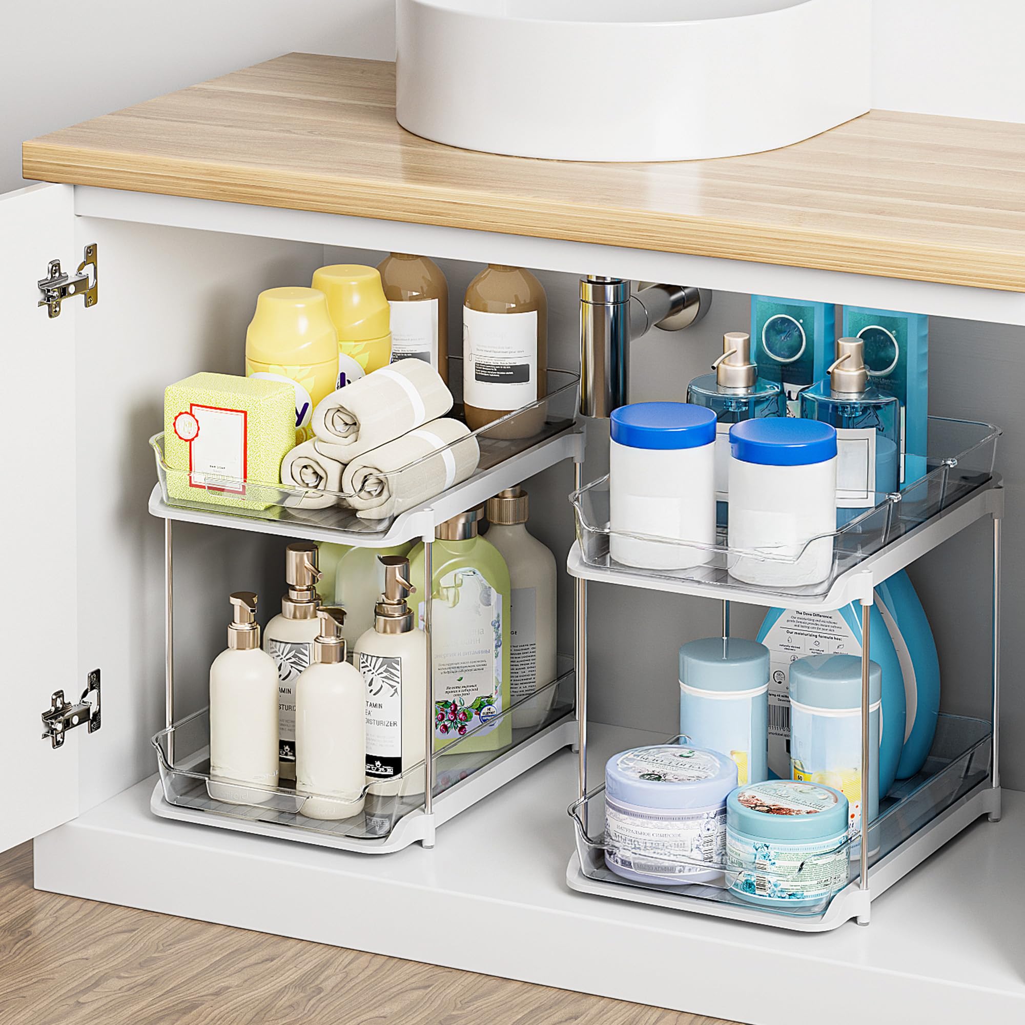 DELAMU 2-Tier Stackable Under Sink Organizer (2-Pack) – Pull-Out Acrylic Cabinet Storage with Adjustable Dividers (White)