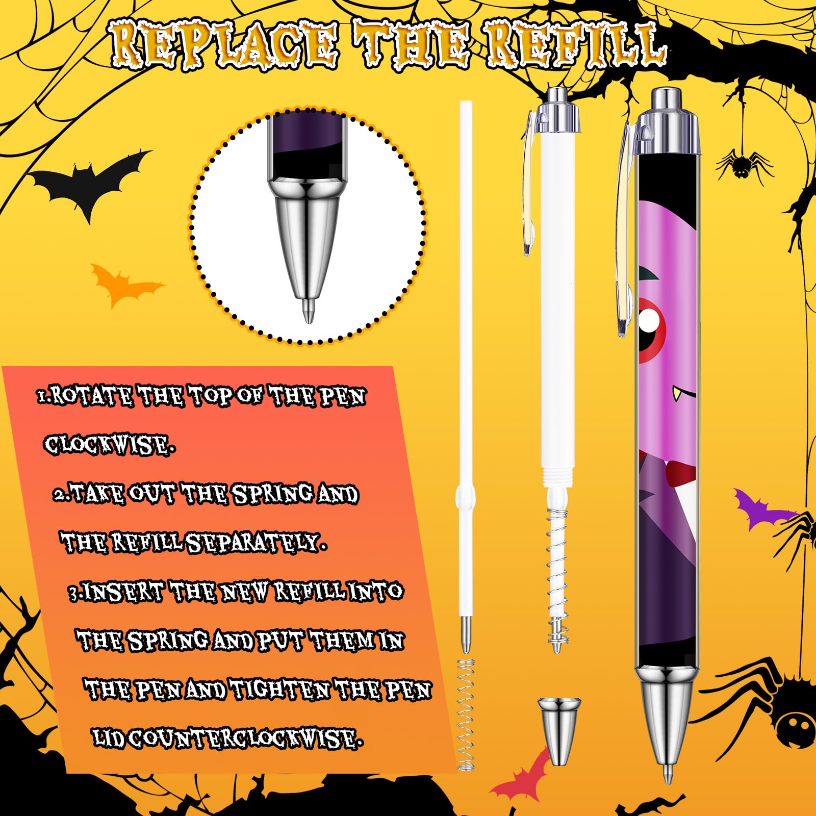 Halloween Ballpoint Pens – 48 Pack Vivid Color Retractable Pens with Black Ink (Durable Plastic, Smooth Writing)