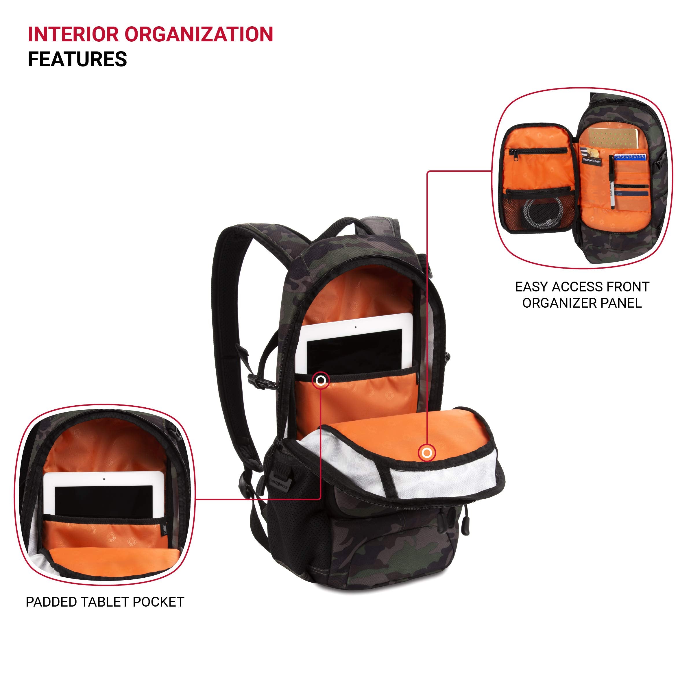 SwissGear 3598 Narrow Profile Backpack – Slim Daypack for Commuting & School, Camo Green