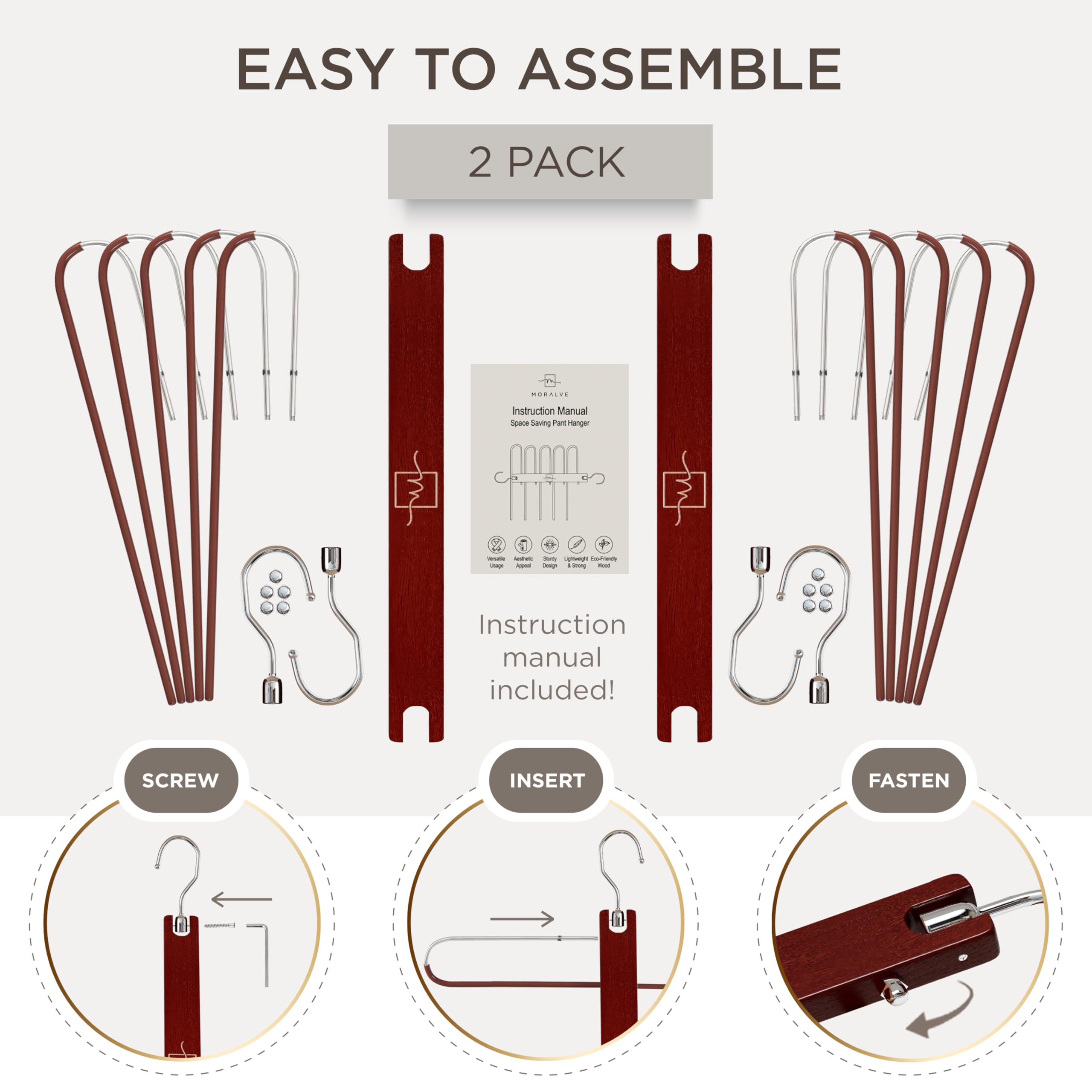 MORALVE Beechwood Pants Hangers 2-Pack – 5-Tier Space-Saving Closet Organizer with 360° Swivel Hook (Mahogany)