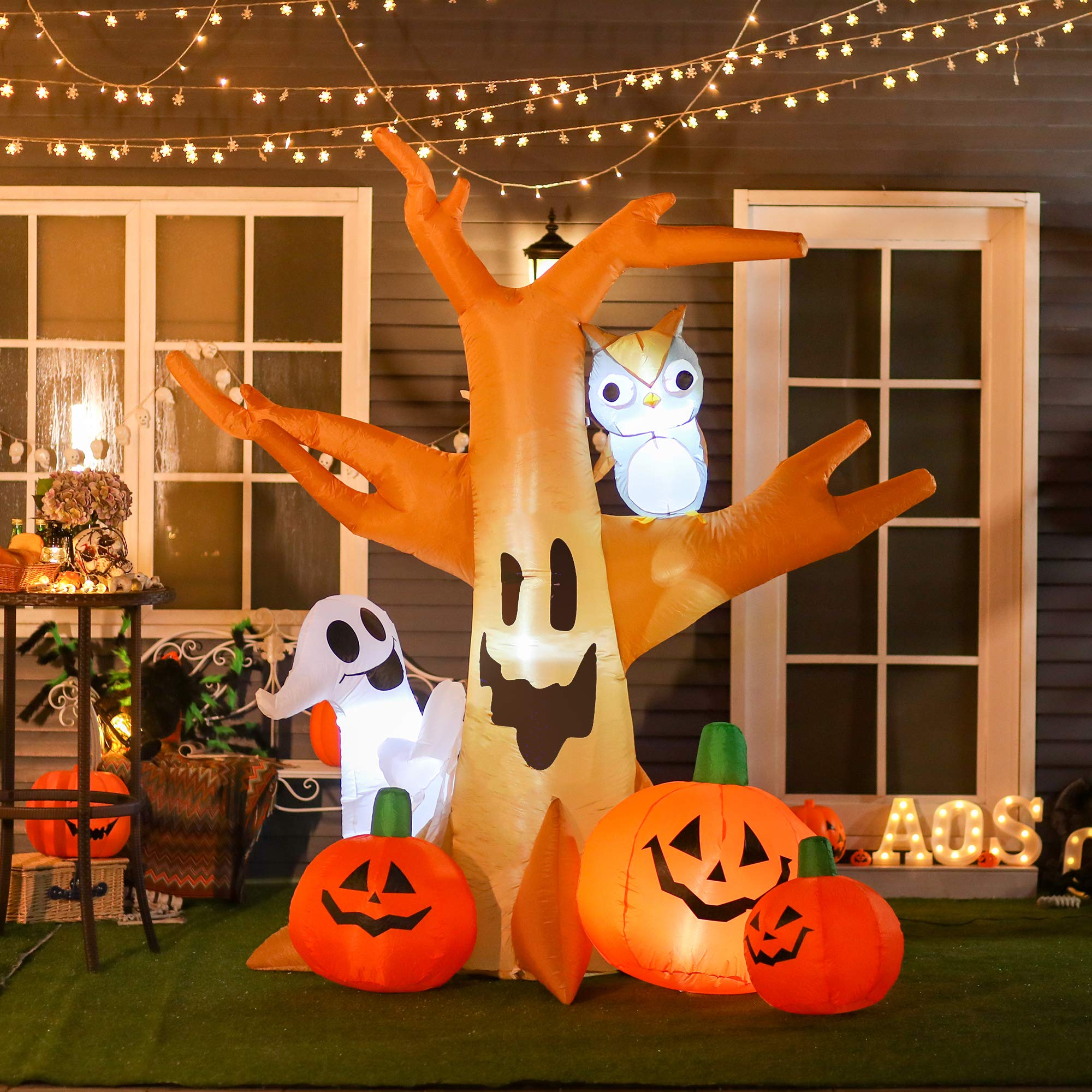 7.5FT Inflatable Halloween Tree with Ghost, Owl & Pumpkins – Lighted Outdoor Yard Decoration with LED Lights, Stakes & Sandbags