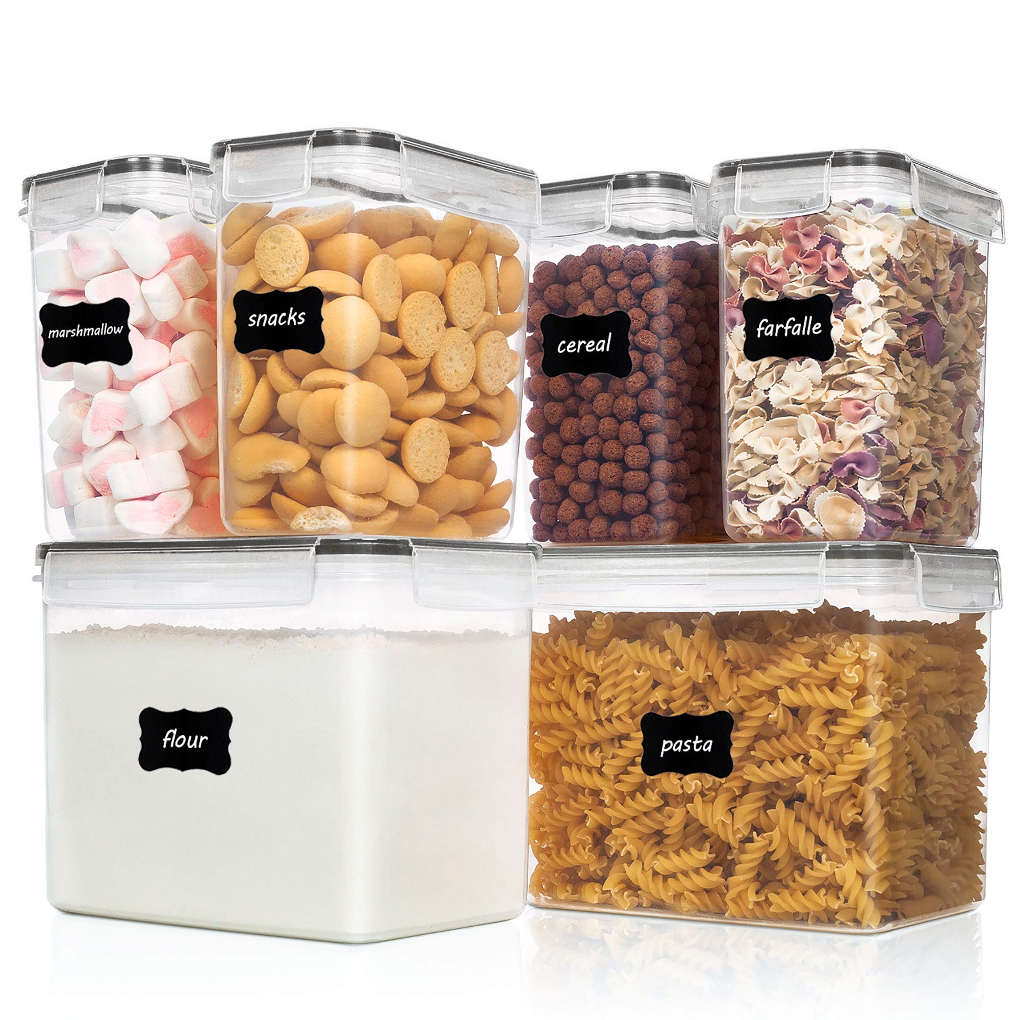 6-Piece Airtight Pantry Food Storage Container Set – Mixed Sizes BPA-Free Canisters with Labels