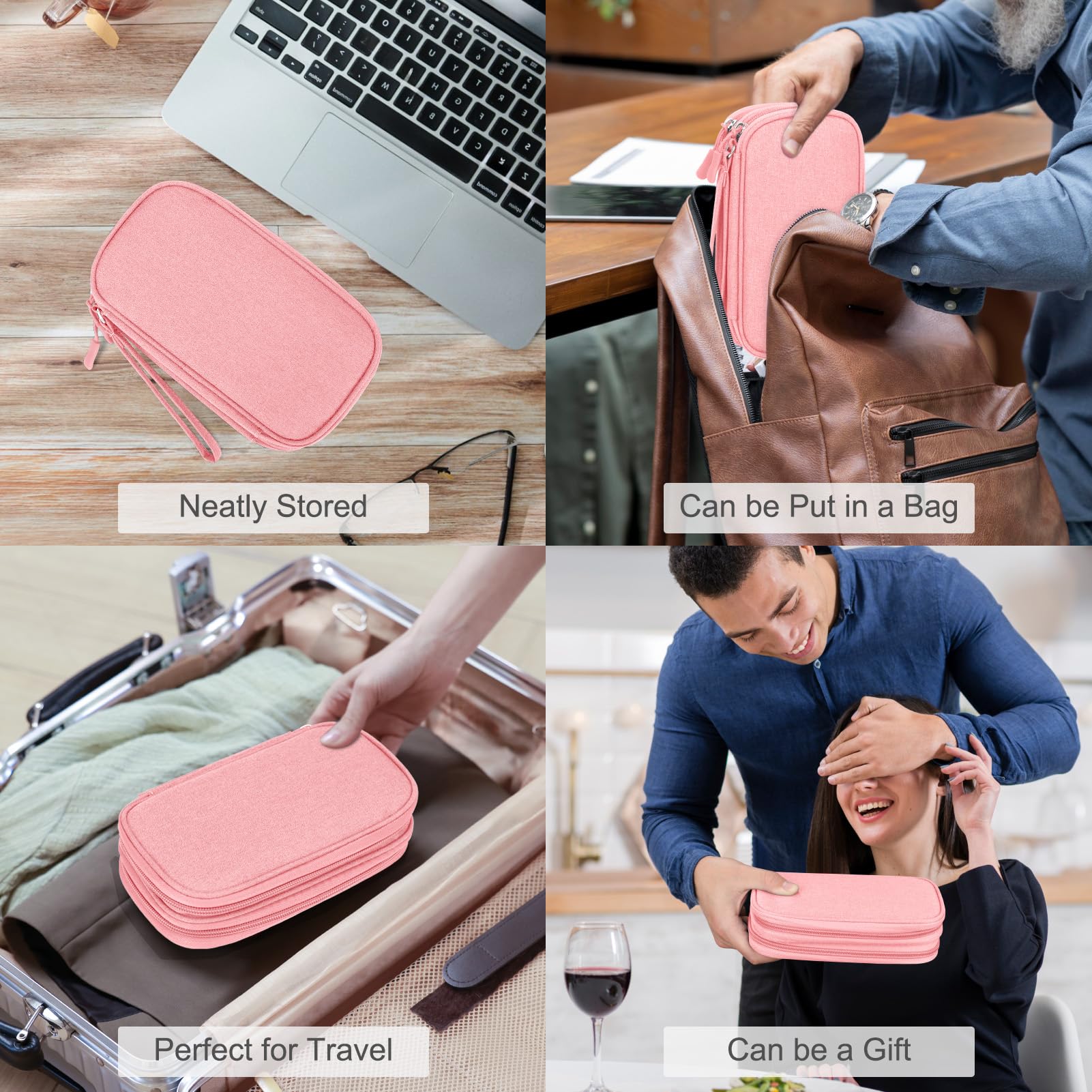 Portable Electronics Organizer Travel Case Double Layer Waterproof Cable Storage Bag Pink