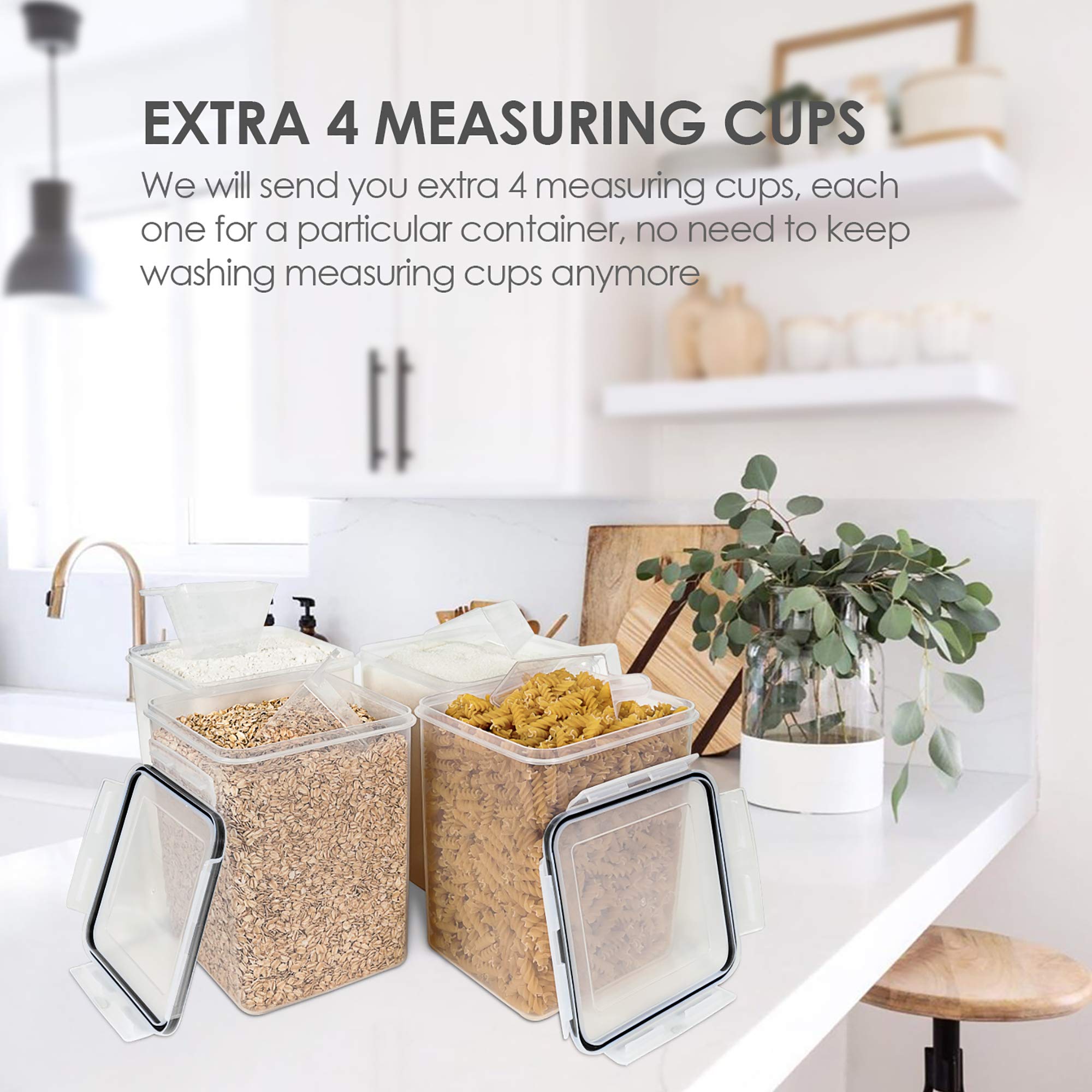 Large Airtight Pantry Storage Containers Set – 4 BPA-Free Canisters with Measuring Cups & Chalkboard Labels (Black)