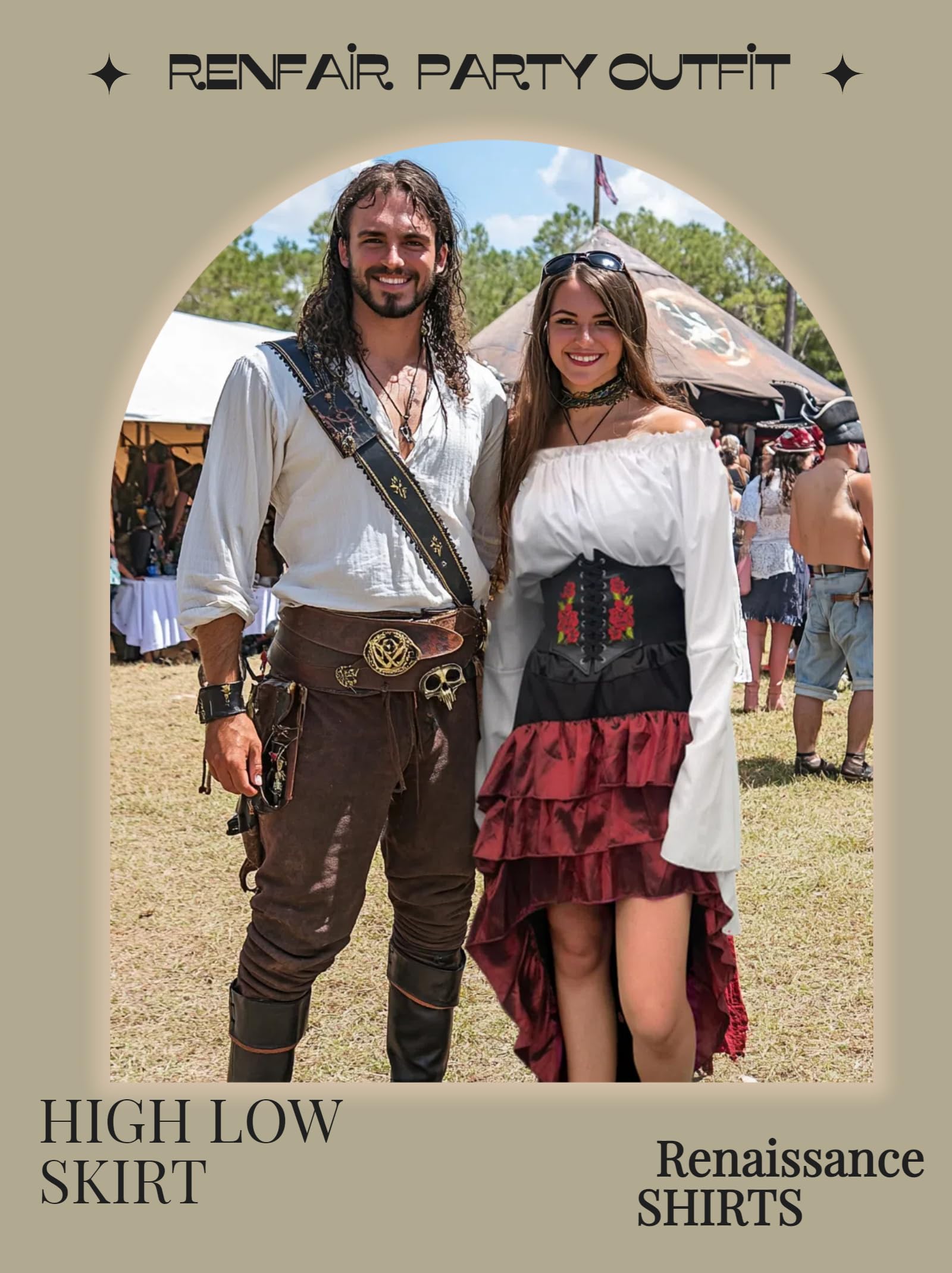 Women’s Renaissance Pirate Costume – White & Red 3-Piece Set with Off-Shoulder Blouse, High-Low Skirt & Corset Waist Belt