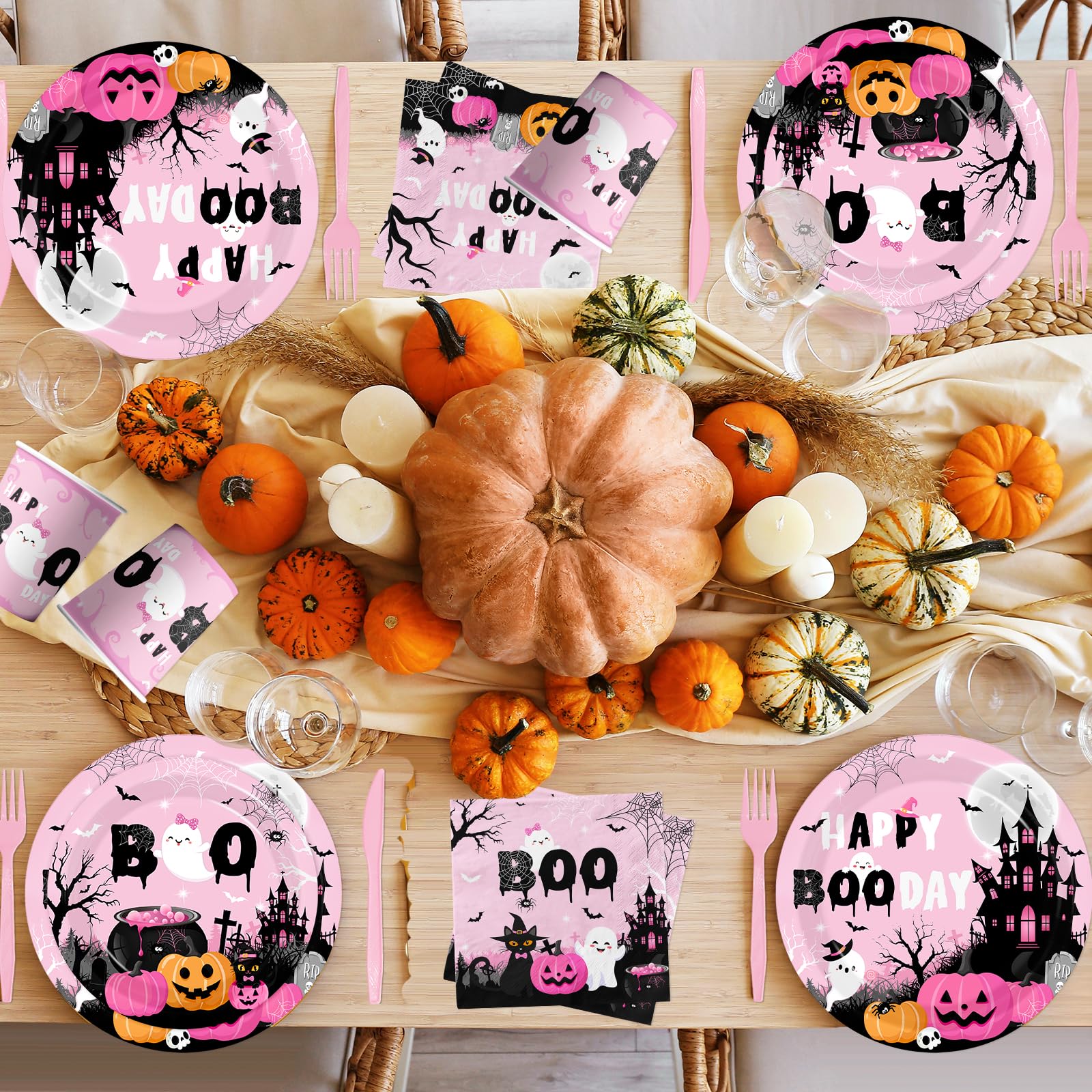 Happy Boo Day Halloween Party Supplies – 144 Pcs Pink Ghost & Pumpkin Plates, Cups, Napkins & Cutlery Set for 24 Guests