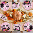 Happy Boo Day Halloween Party Supplies – 144 Pcs Pink Ghost & Pumpkin Plates, Cups, Napkins & Cutlery Set for 24 Guests